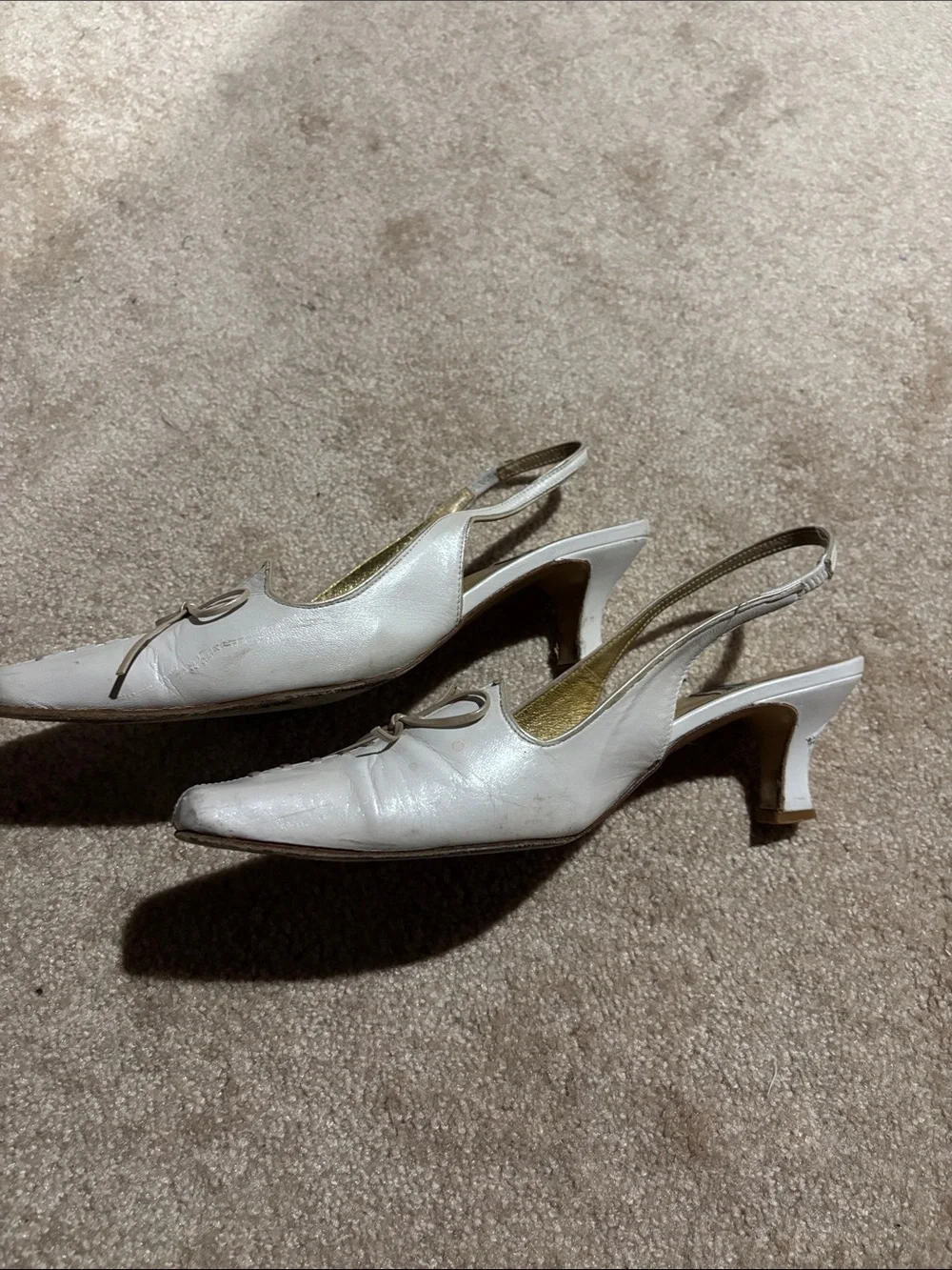 Timothy Hitsman White Leather Lace-Up Slingback Pumps with Gold Interior